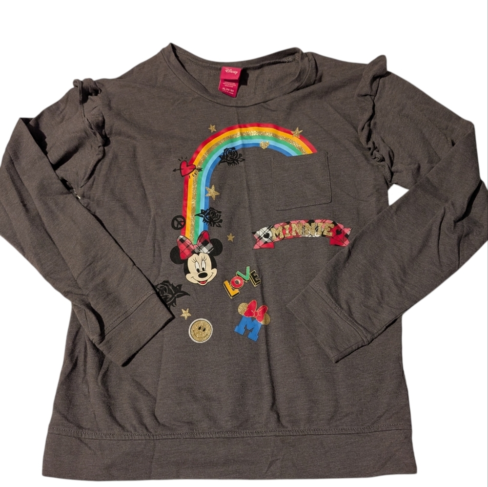 Disney Minnie Mouse Girls Long Sleeve Shirt  Gray with Rainbow Ruffle Sparkle XL